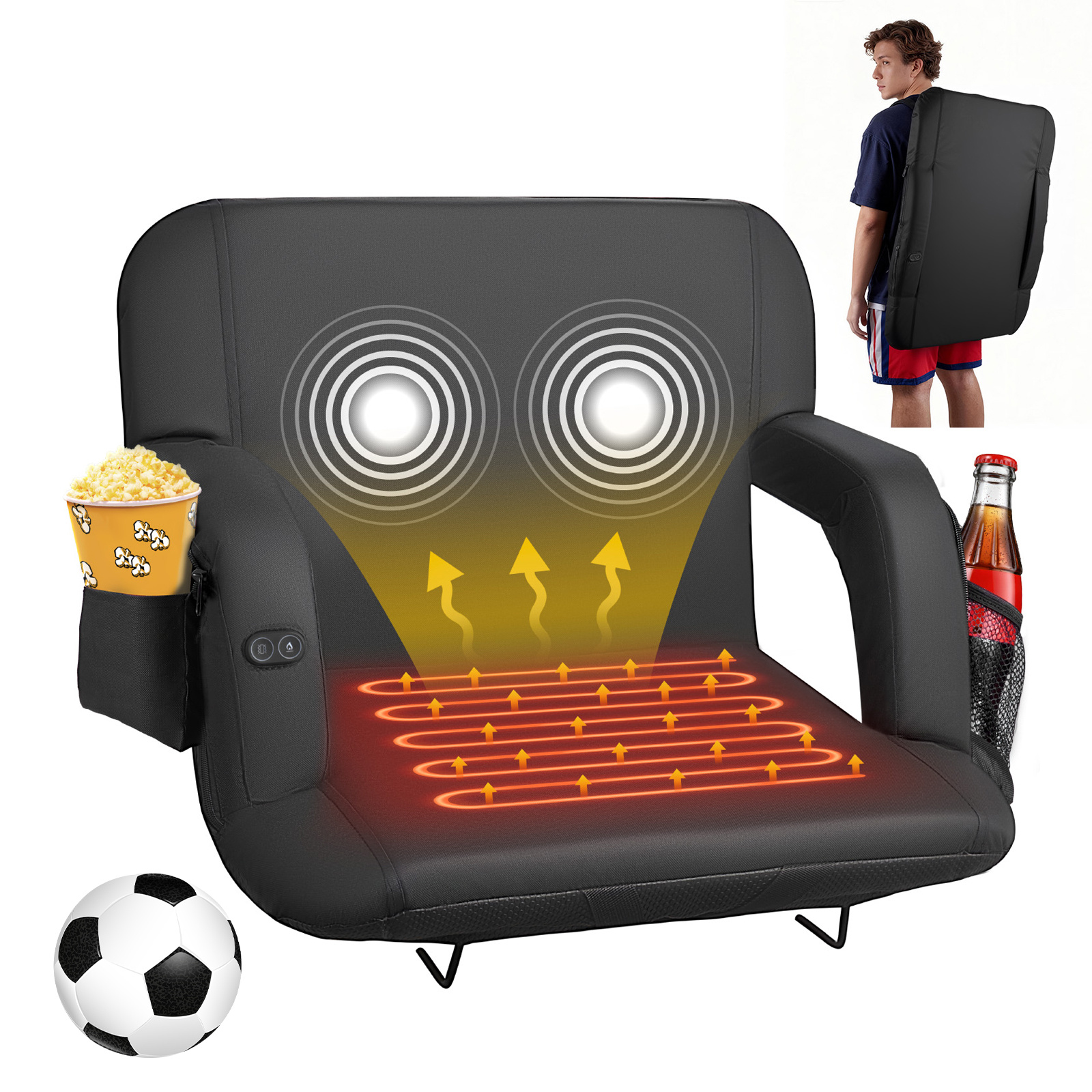 TEMU Siège de VEVOR, chaise de chauffante de 25 pouces, siège de chauffant avec 4 poches pour gradins, chauffage à 3 niveaux et 6 modes de vibration,