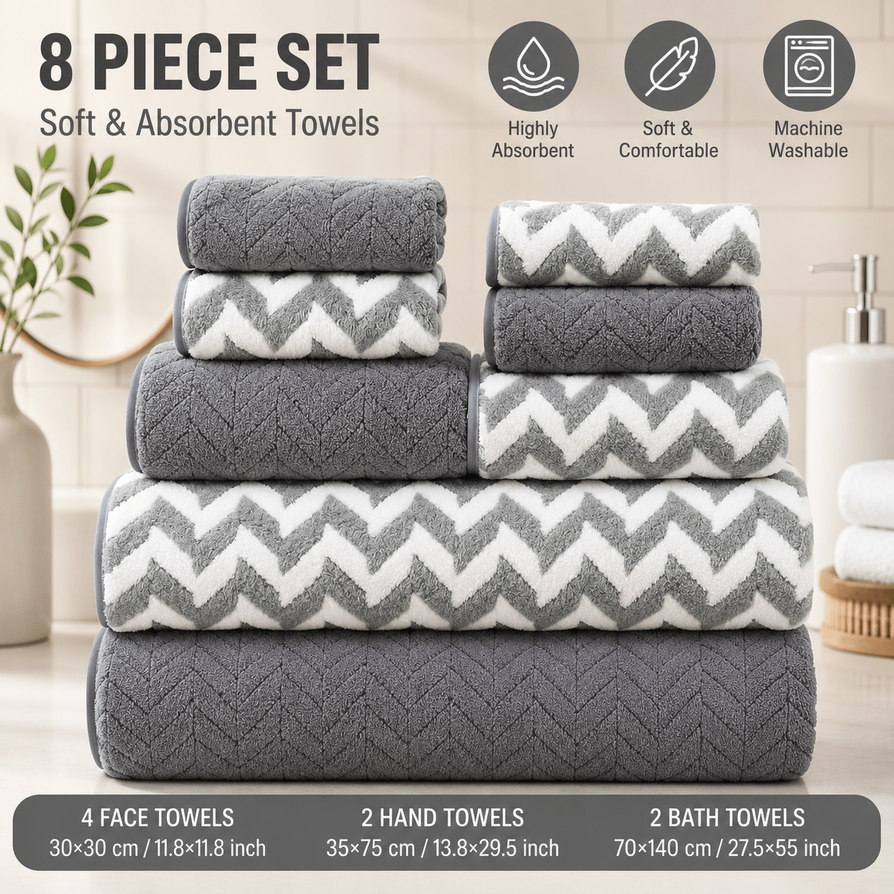 TEMU Parure de 8 serviettes de bain en microfibre polaire à motif chevrons | Ultra douce, moelleuse, à séchage rapide et très absorbante | Comprend 2