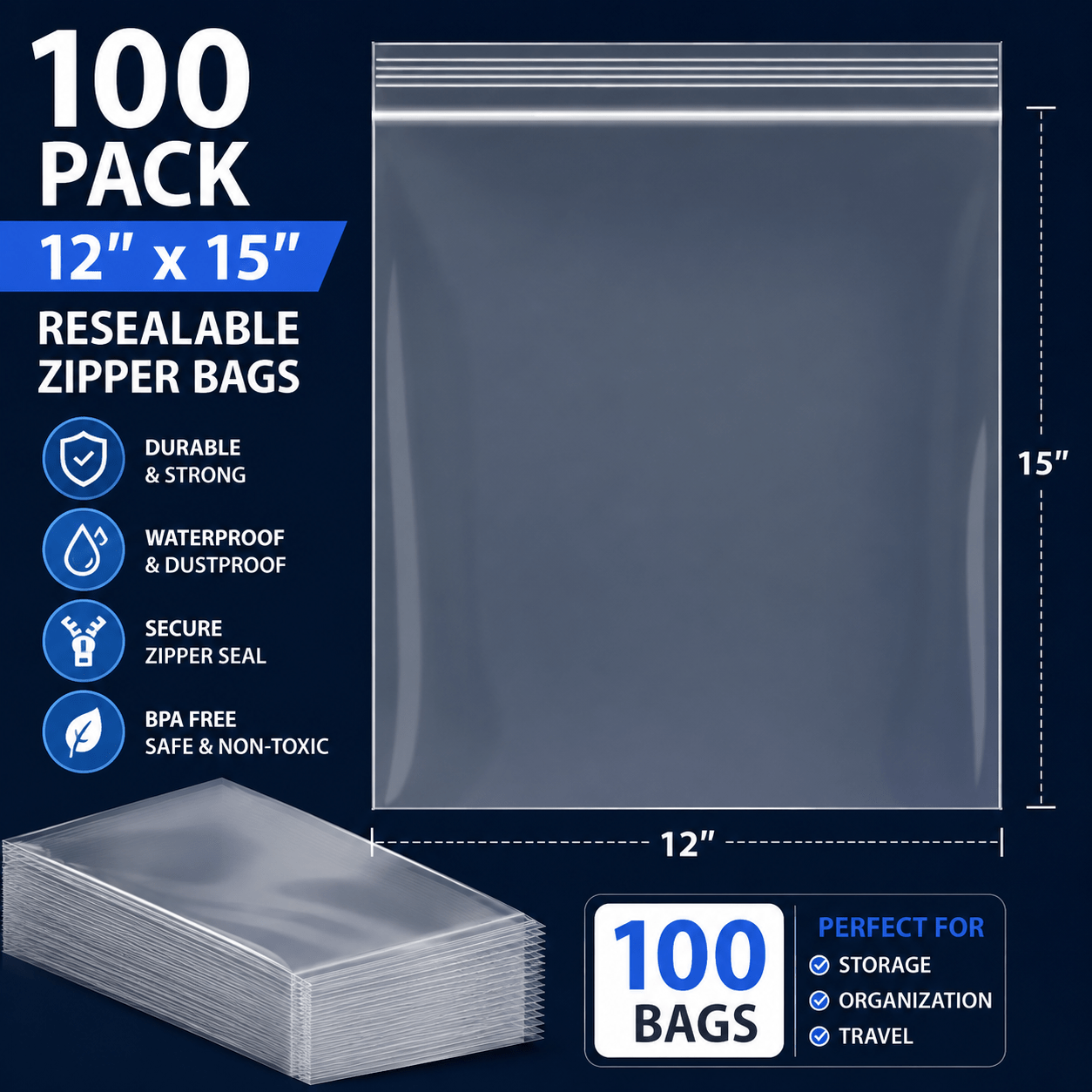 TEMU Lot de 100 sacs zippés refermables en plastique transparent 2 mil, 12" x 15", avec fermeture éclair à verrouillage refermable pour vêtements,