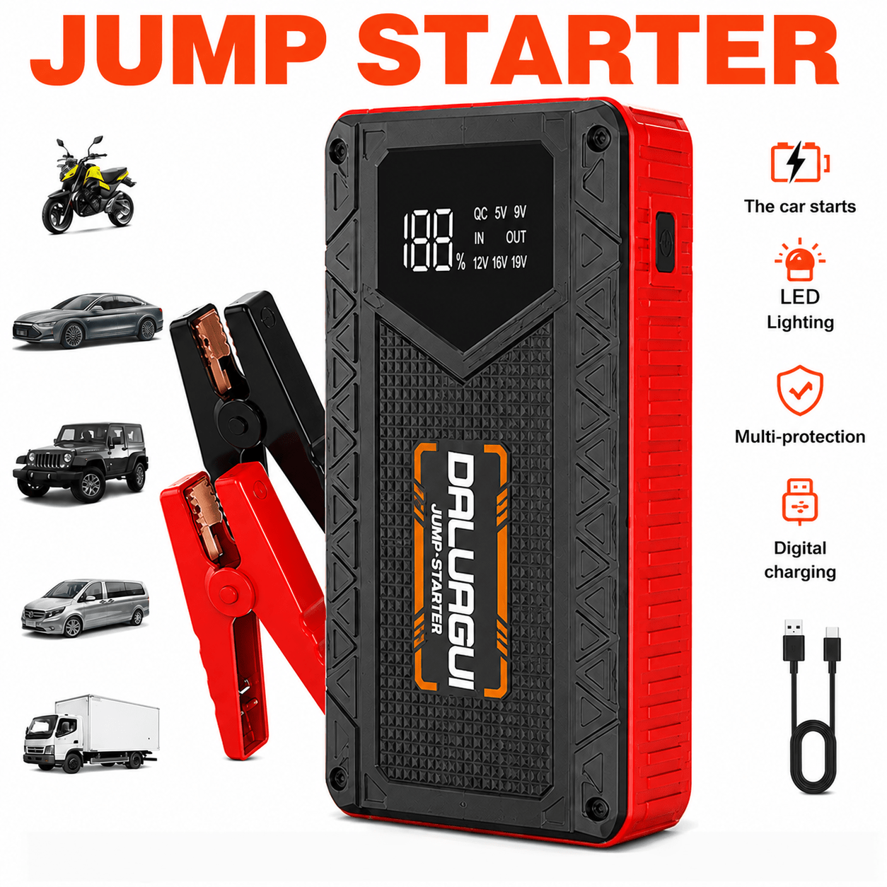 TEMU Démarreurs de voiture 10000A | Démarreur de voiture d'urgence portable avancé (1.32gal Essence/1.06gal Diesel), chargeur de batterie de voiture