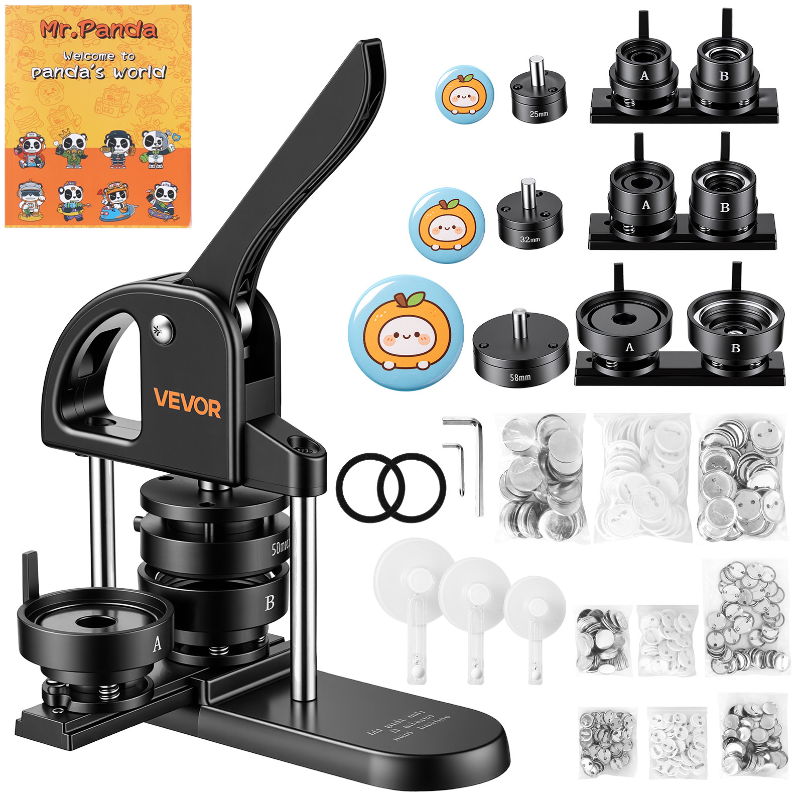 TEMU VEVOR Machine à Boutons 1"/1.25"/2.25" (25/32/58 mm) Fabricant de Pin's Noir, avec 300 pièces de Boutons, Coupe-Cercle et Livre Magique, Poignée