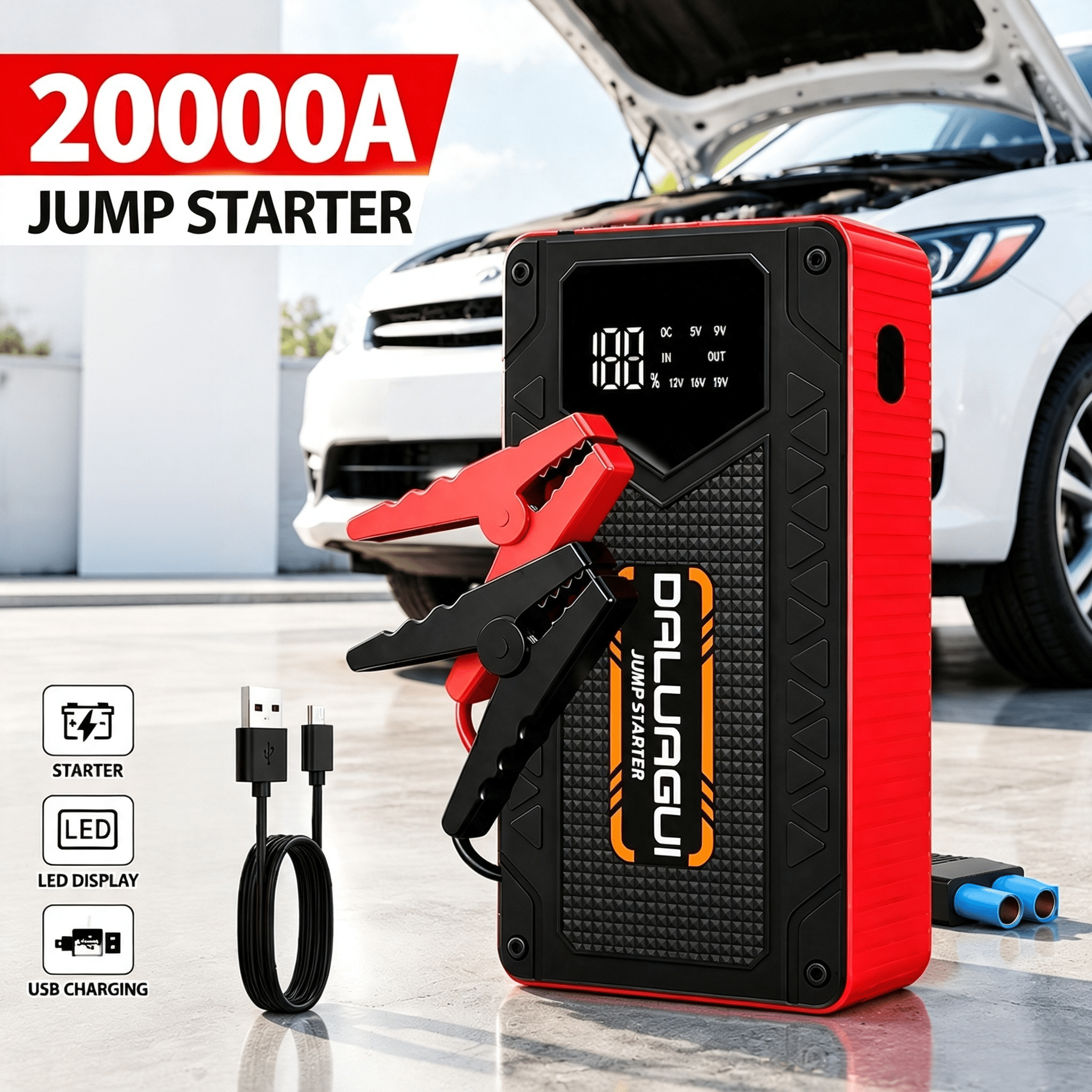 TEMU Démarreur de batterie de voiture 20000 A (Fonction de démarrage uniquement ; Optionnellement, démarreur multifonction 10-en-1 20000 A avec pompe