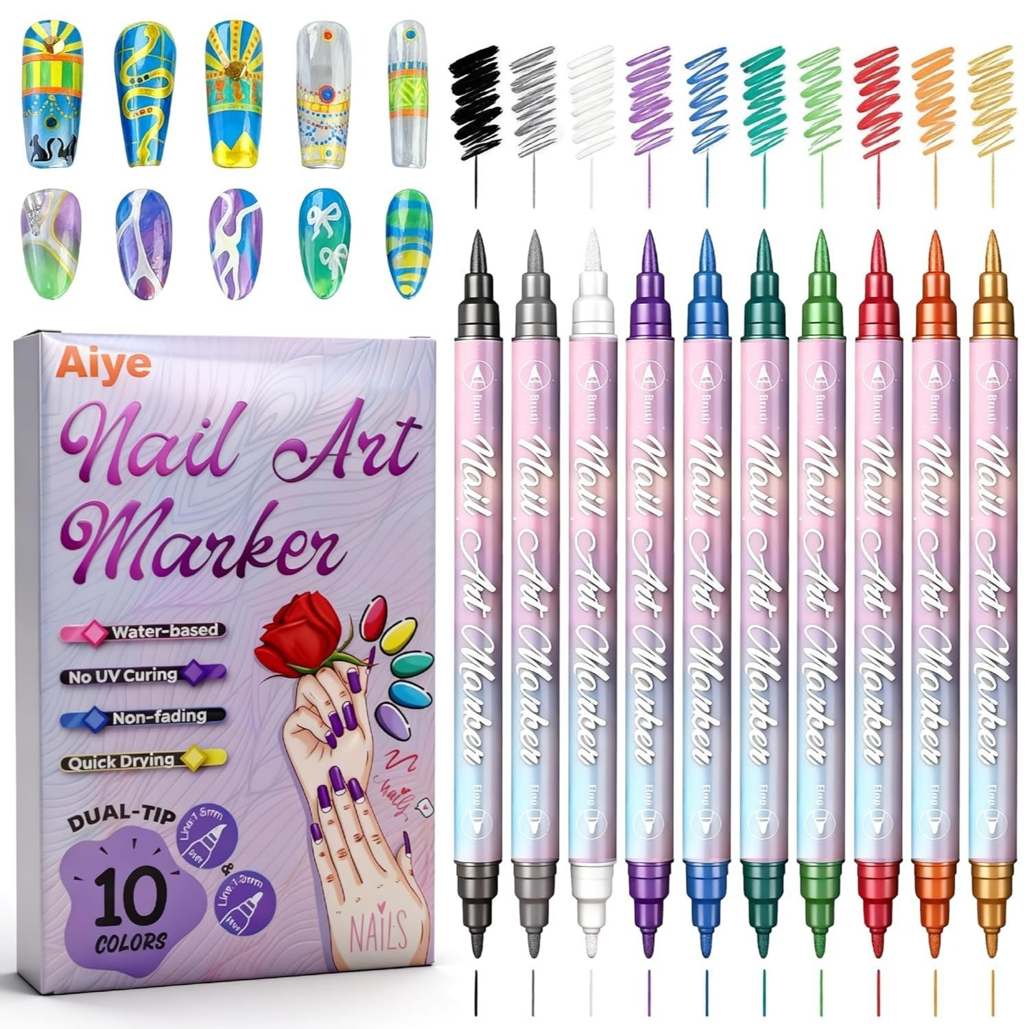 TEMU Stylo graffiti pour nail art 10 couleurs, stylo à vernis à ongles métallique à double tête, stylo de dessin coloré, stylo à pois et à crochets