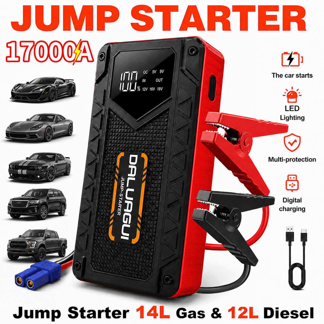 TEMU Démarreur de batterie de voiture 17000A, appareil de démarrage uniquement (en option, vous pouvez pour le démarreur multifonction 17-en-1 17000A
