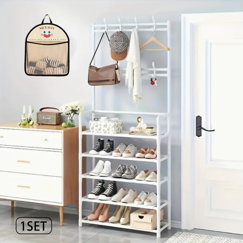 TEMU Étagère à chaussures en métal [1 pièce] avec 8 crochets, étagère à chaussures en métal avec couche en tissu anti-poussière, étagère de rangement