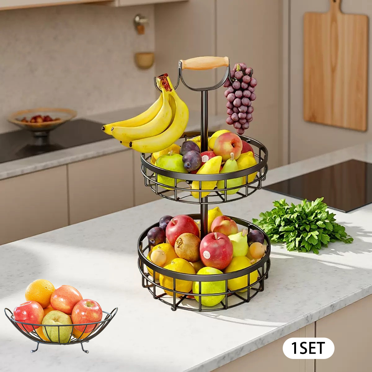 TEMU Panier à fruits et légumes à 2 niveaux avec 2 crochets porte-bananiers et poignée de soulèvement en bois, panier en fil métallique pour comptoir