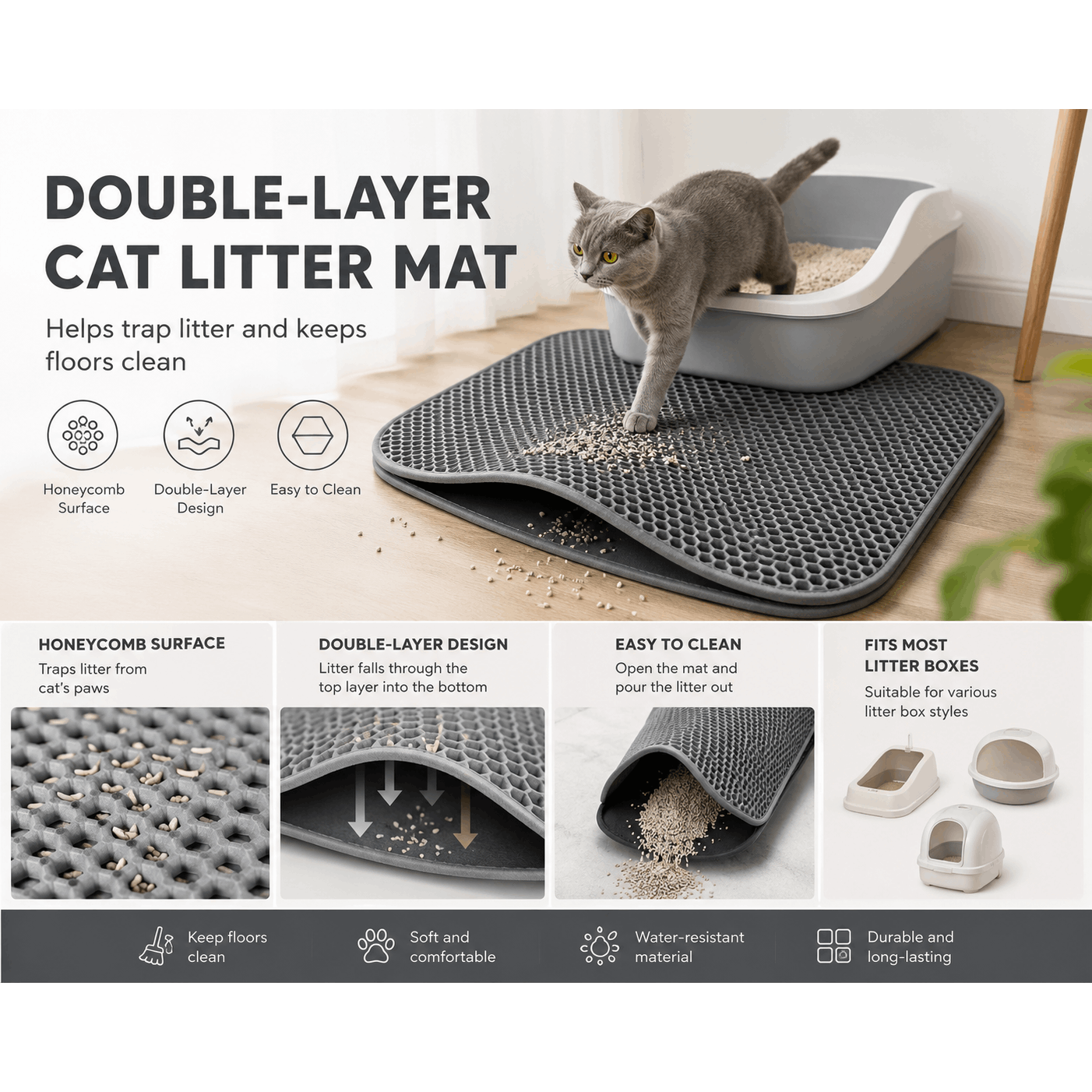 TEMU Tapis de litière double couche premium pour chat, tapis anti-salissures en pour litière, tapis de sol d'intérieur facile à nettoyer avec couche