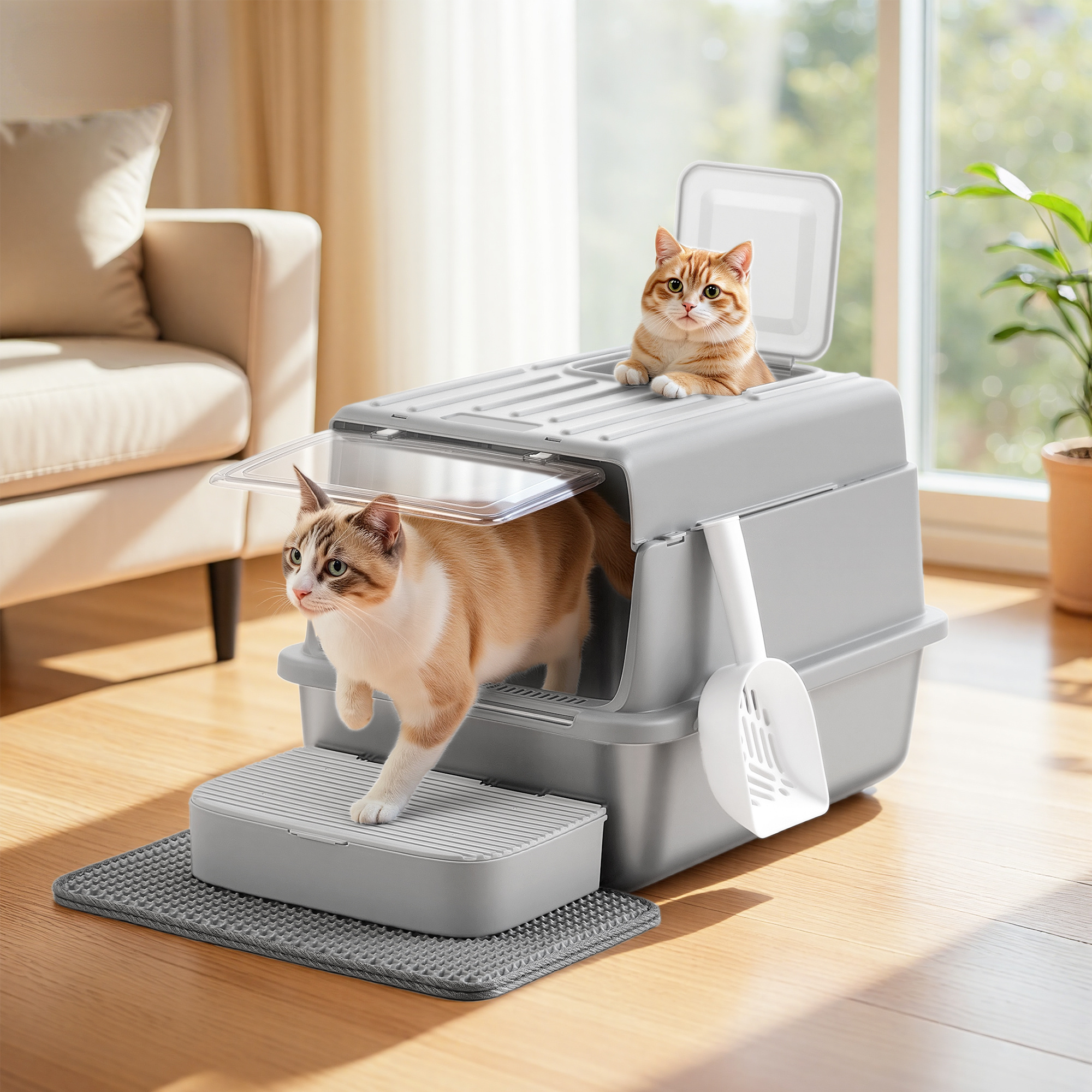 TEMU Litière pour chat en métal avec double porte, couvercle rabattable, pelle, tapis de litière, pour grands chats, gris