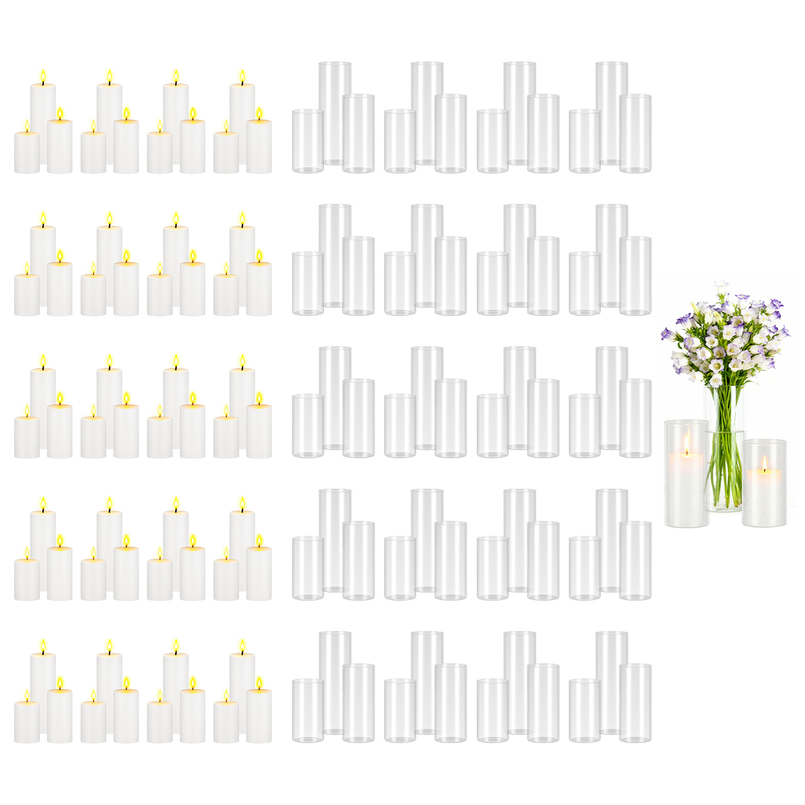   pillar candles and glass vases set 120 pcs clear cylinder hurricane candle holders for wedding centerpieces tall vase for table decor wedding party thanksgiving white 2 56 x 4 7 5 9 7 9