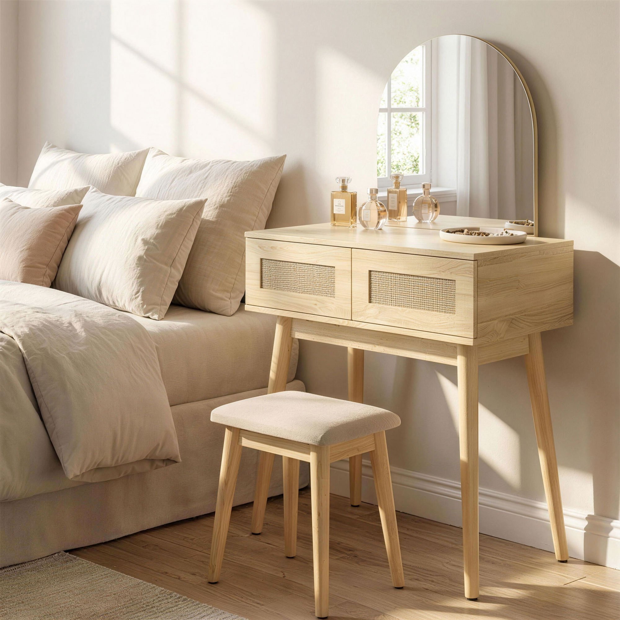 TEMU Coiffeuse avec , coiffeuse de Cosmétique compacte et moderne avec 2 tiroirs, table de toilette pour chambre à coucher, bois naturel