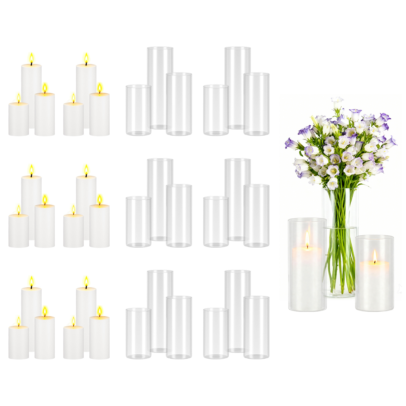   pillar candles and glass vases set 36 pcs clear cylinder hurricane candle holders for wedding centerpieces tall vase for table decor wedding party thanksgiving white 2 56 x 4 7 5 9 7 9