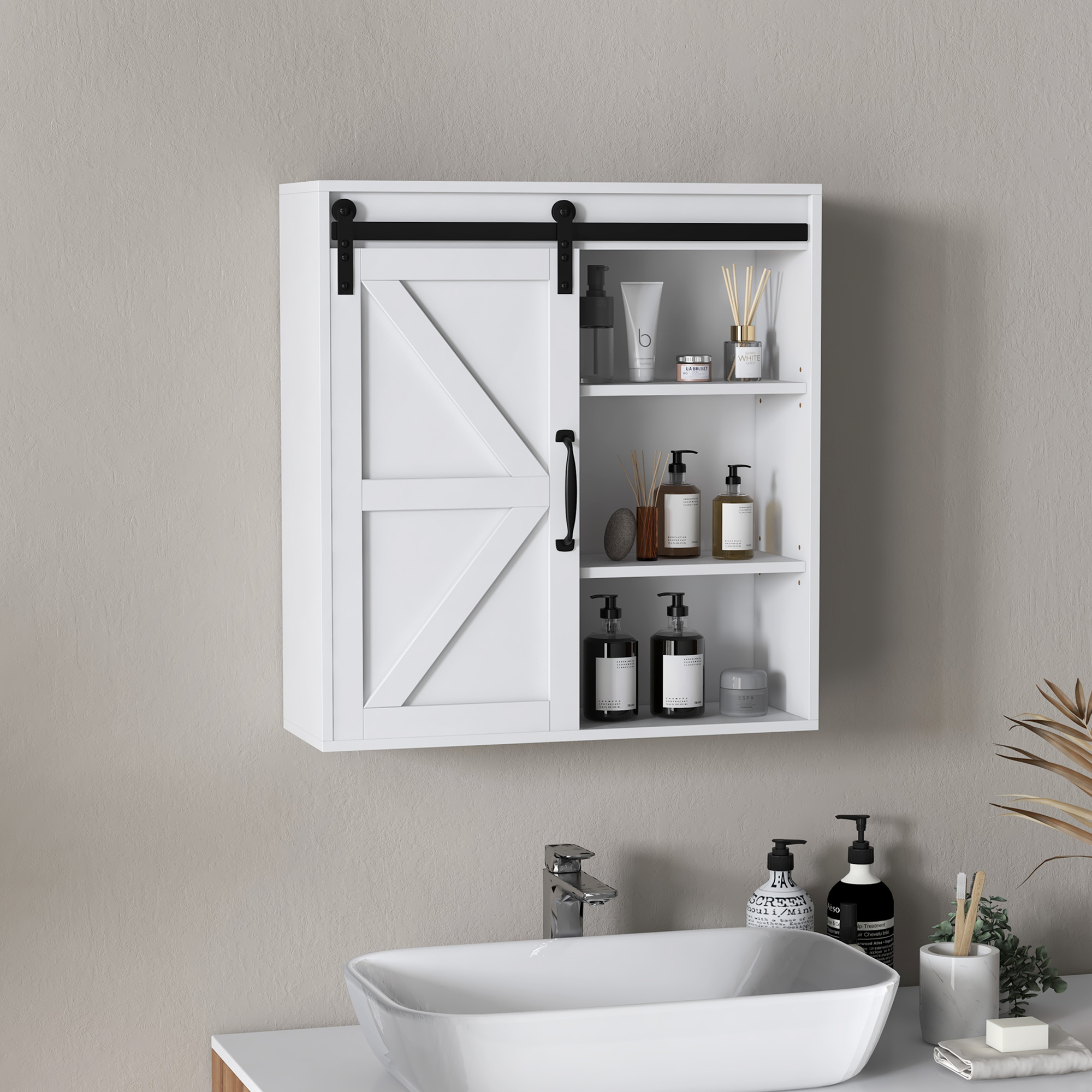 TEMU à pharmacie, meuble de salle de bain style ferme avec porte coulissante de et étagère réglable, meuble suspendu au-dessus des toilettes, blanc