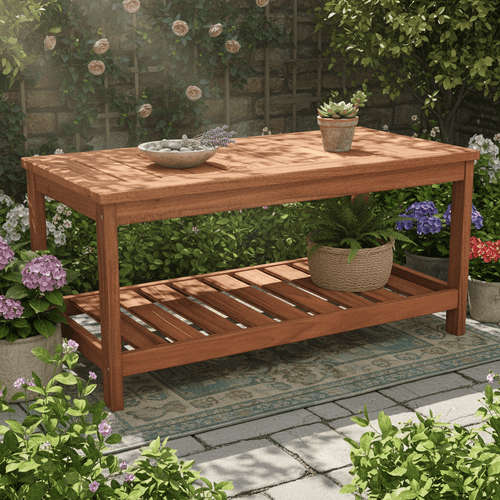 2 tier hardwood patio coffee table rectangular outdoor cocktail table with slatted top storage shelf wood accent table for balcony garden backyard poolside indoors natural