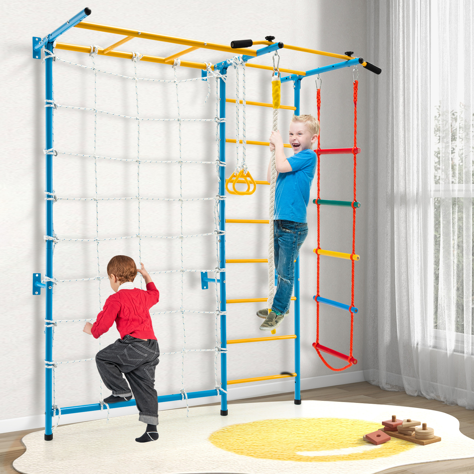   indoor   7 in 1   playground with   wall wall ladder pull up bar ladder and gymnastic rings for 3 years old kids swedish wall ladder set