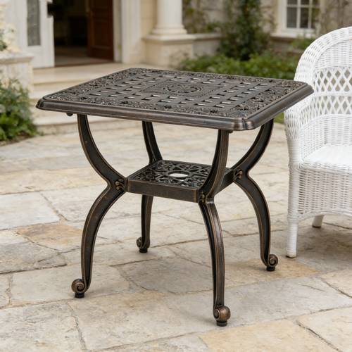 cast aluminum outdoor side table anti rust patio coffee table with storage shelf square end table with hollow carved floral pattern for garden porch balcony copper