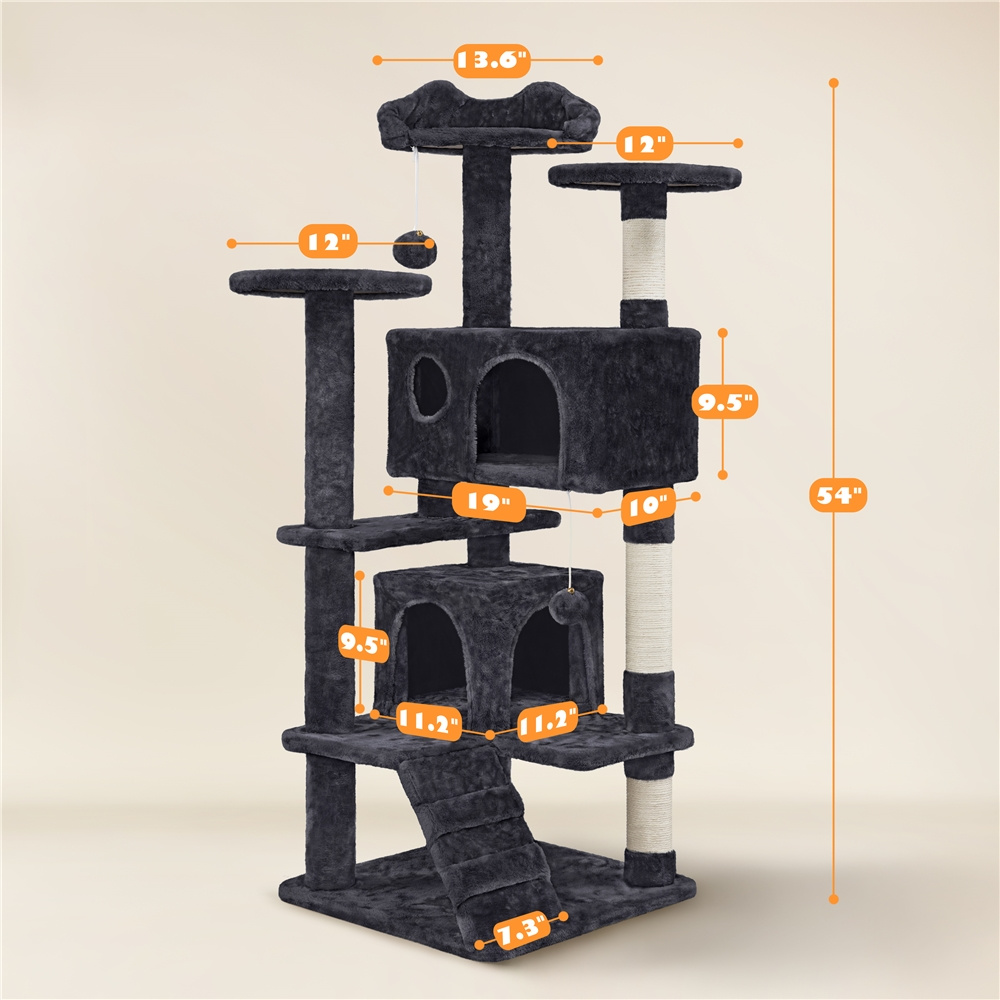   design cat tree, cat tree tower, large cat tree condo with 2 condos & 2 balls & 3 scratching posts, dark gray/black/light gray/beige/navy blue Product details 0