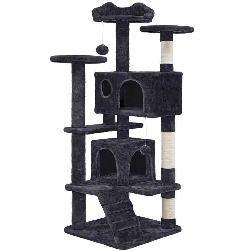   design cat tree, cat tree tower, large cat tree condo with 2 condos & 2 balls & 3 scratching posts, dark gray/black/light gray/beige/navy blue Product details 5