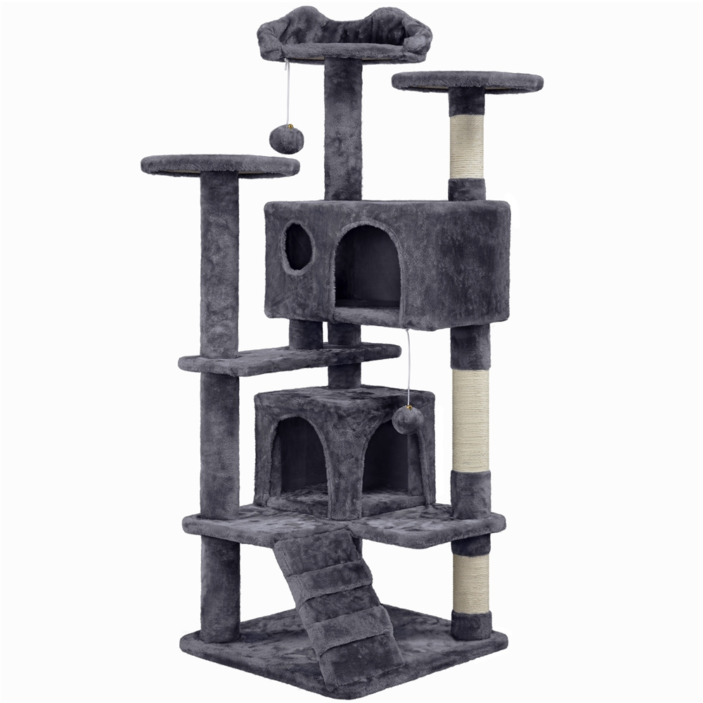   design cat tree, cat tree tower, large cat tree condo with 2 condos & 2 balls & 3 scratching posts, dark gray/black/light gray/beige/navy blue Product details 4