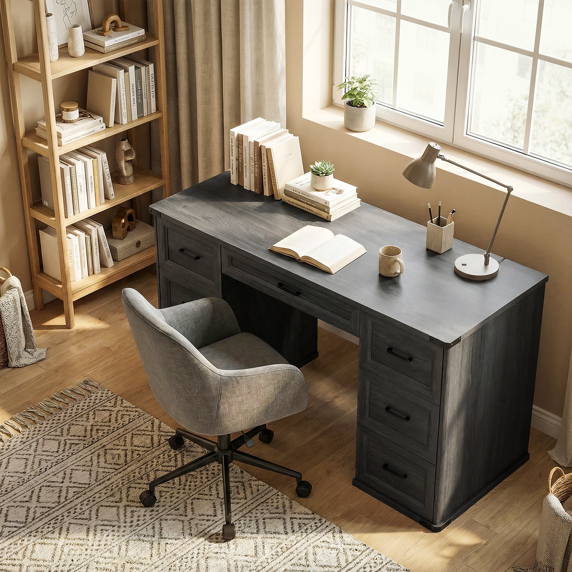 TEMU 55" Bureau de direction de ferme, Bureau d'ordinateur avec tiroirs, Table d'étude pour bureau à domicile, Chambre à coucher, Grain de