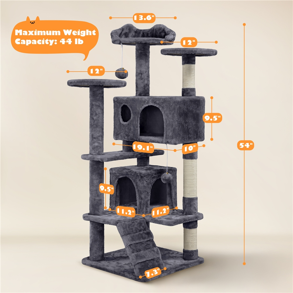   design cat tree, cat tree tower, large cat tree condo with 2 condos & 2 balls & 3 scratching posts, dark gray/black/light gray/beige/navy blue Product details 2