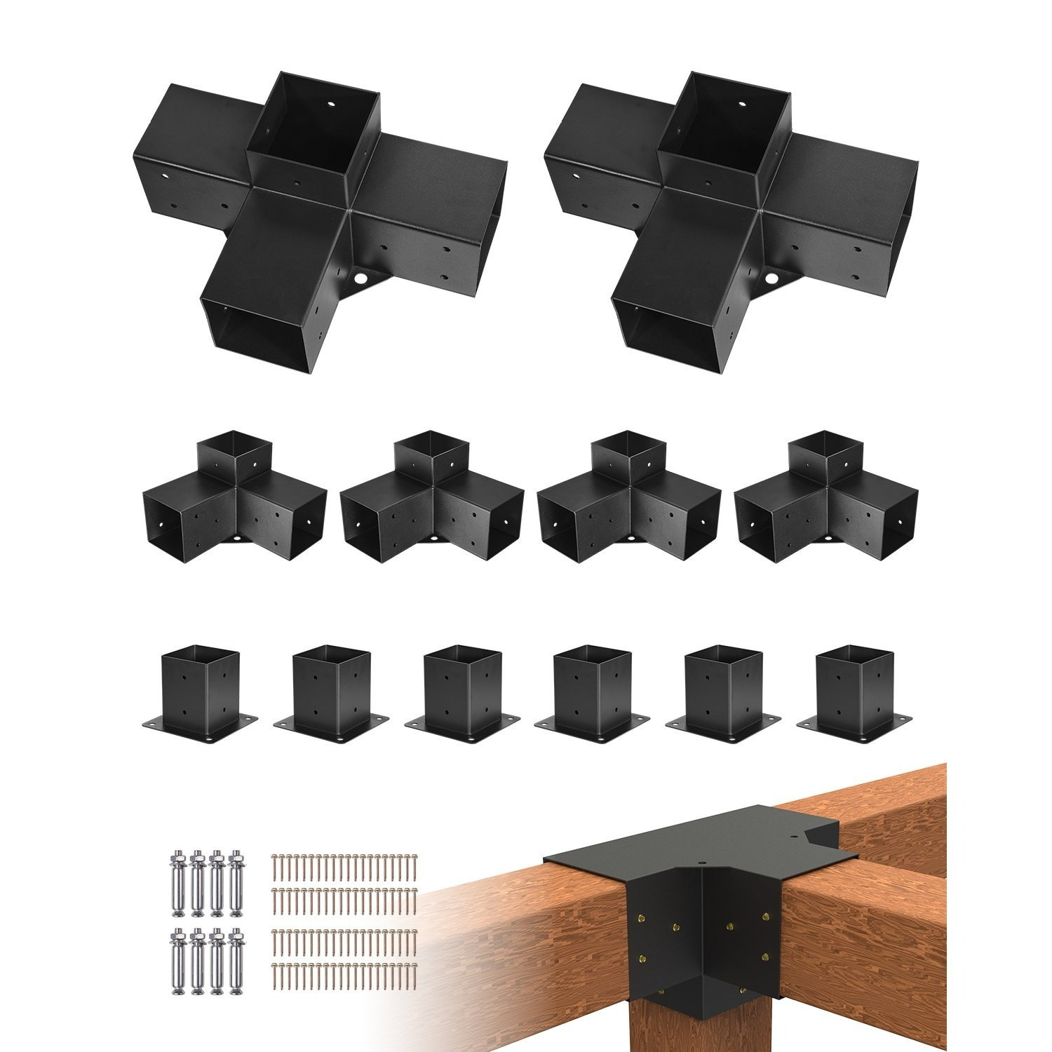 TEMU Vevor Pergola Kit 12pcs, 4x4 Inch Pergola Brackets For 3.5x3.5 Inch Wood Beams In Actual Dimension, 3-way (4pcs) And (2pcs) Gazebo Brackets With