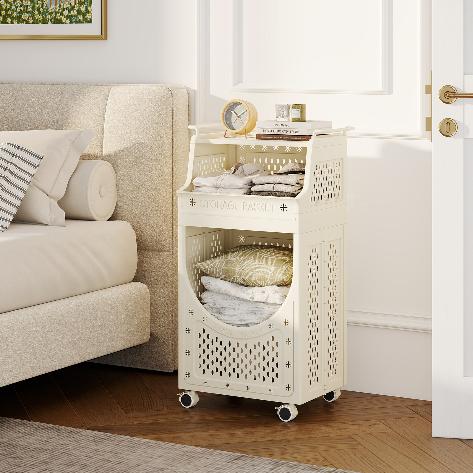TEMU Chariot à linge avec barre suspendue, panier à linge pliable avec roues verrouillables, panier, 8 crochets suspendus, chariot utilitaire roulant