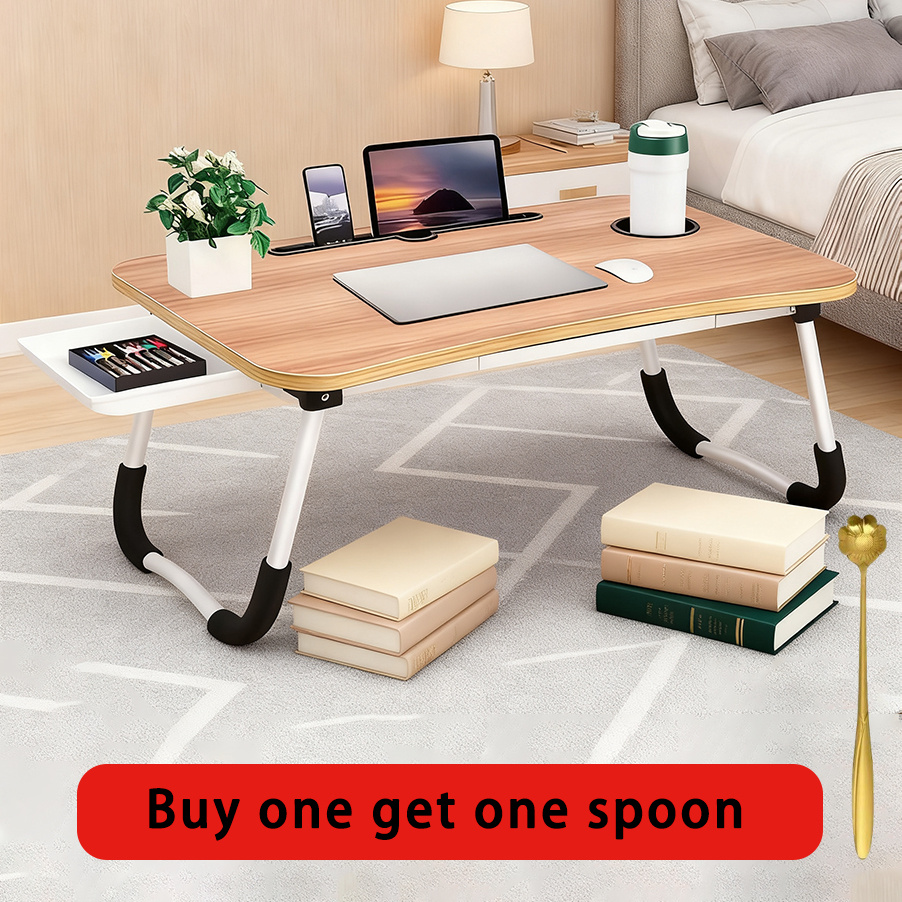 TEMU [portable Laptop Desk] Foldable Laptop Desk - Bed Table With Cup Holder, Drawer Organizer | Space-saving , Lightweight For Home Office, Dorm,