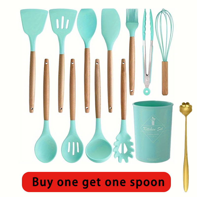 TEMU Ensemble de 12 pièces d'ustensiles de cuisine en silicone avec seau de rangement - Outils de cuisson résistants à la chaleur et antiadhésifs,