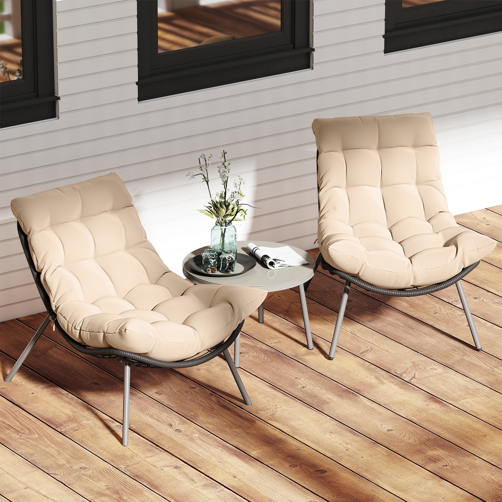 TEMU Ensemble de 3 pièces de mobilier de patio COSTWAY, ensemble de conversation en rotin PE pour extérieur avec chaises Papasan rembourrées et table