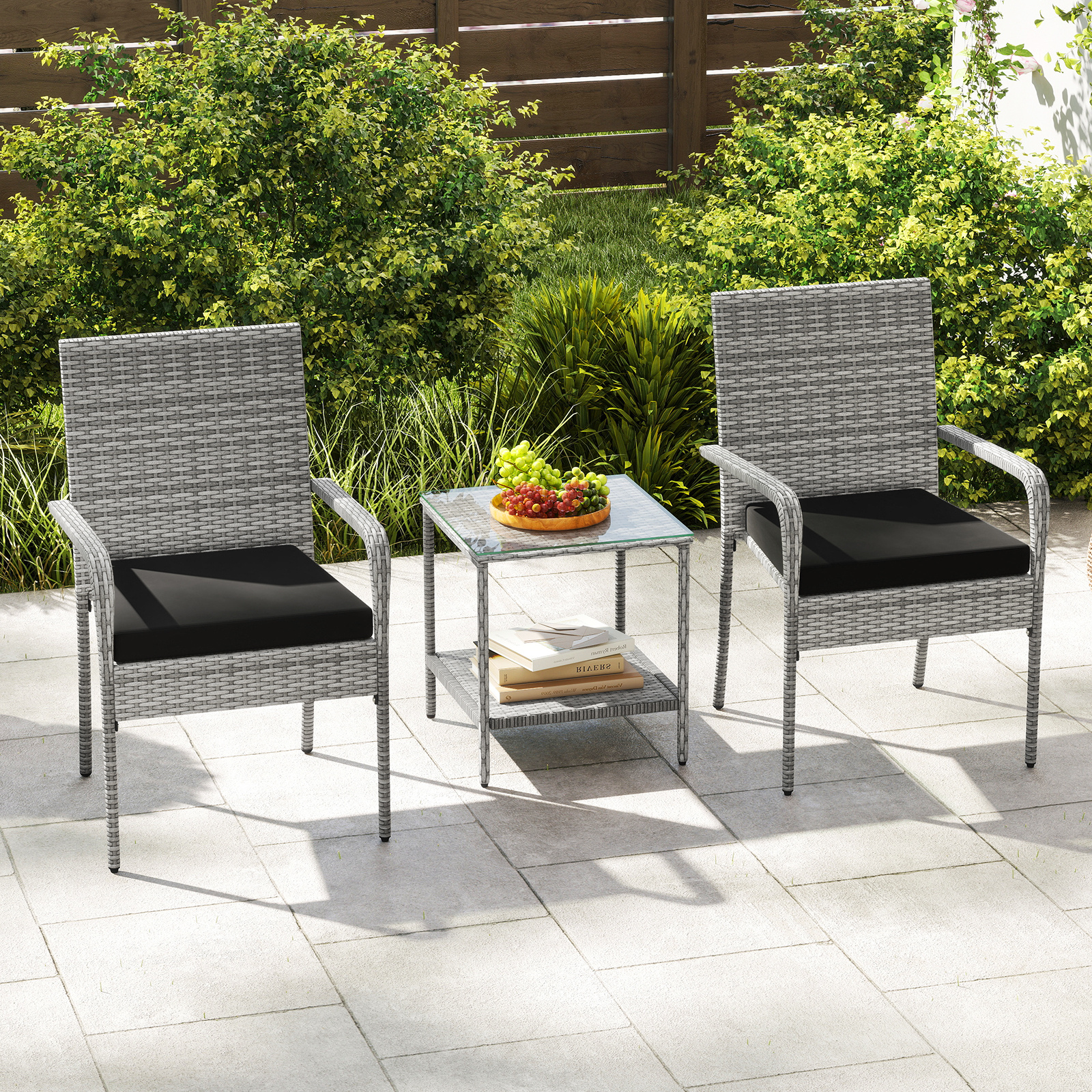 TEMU COSTWAY Ensemble de mobilier d'extérieur 3 pièces, Ensemble de sièges de patio avec chaises en osier, Table en verre trempé double couche et