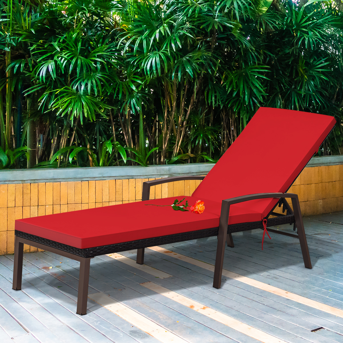 TEMU COSTWAY Chaise Longue de Jardin Réglable, 5 Positions, Fauteuil de Détente Extérieur avec Coussin, Chaise Longue en Rotin, Cadre Métallique, en