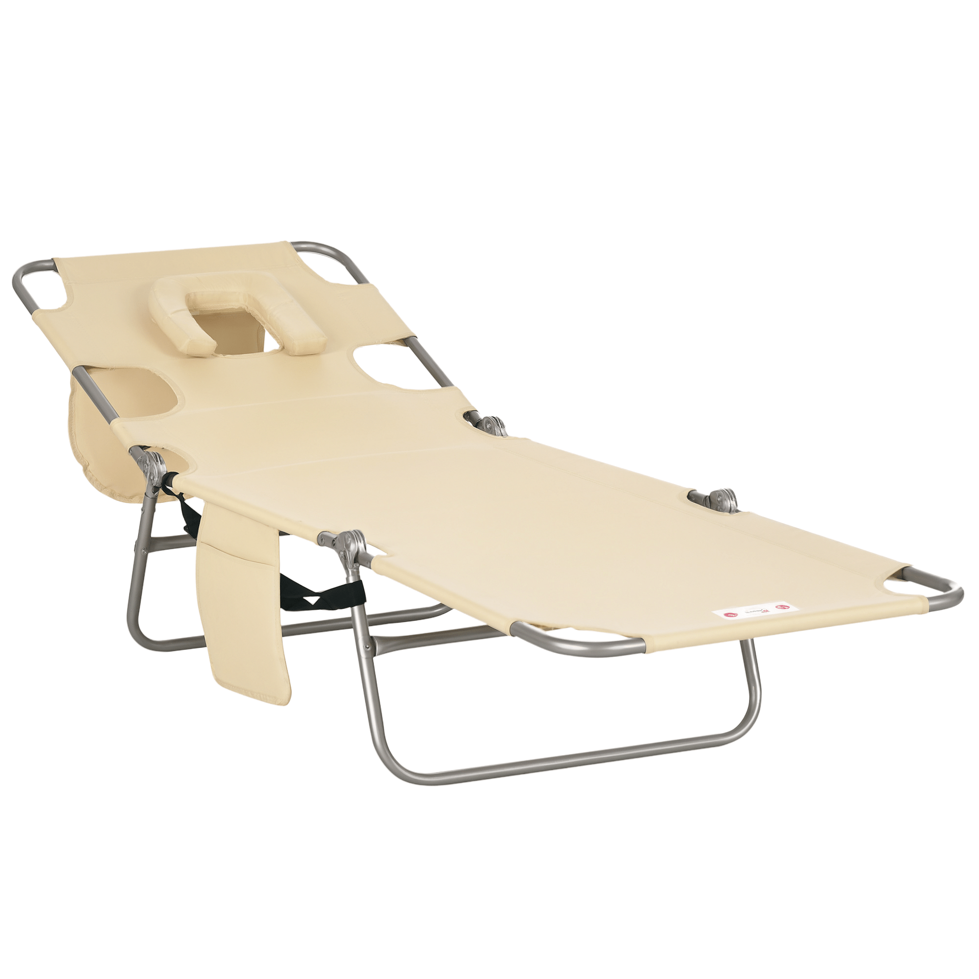 folding lounge chair outdoor tanning chair with face hole 5 position reclining sun lounger chaise lounge cot with side pocket carry strap for beach pool yard beige