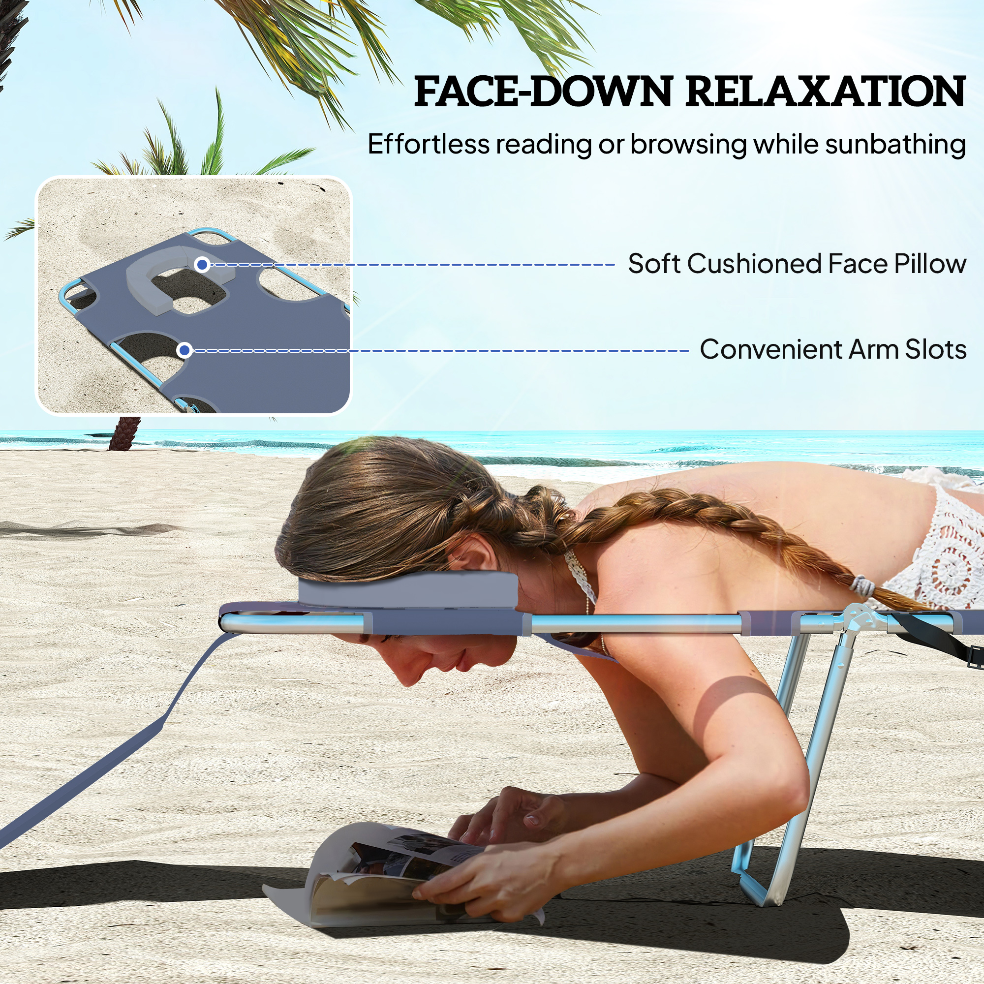 folding lounge chair outdoor tanning chair with face hole 5 position reclining sun lounger chaise lounge cot with side pocket carry strap for beach pool yard grey