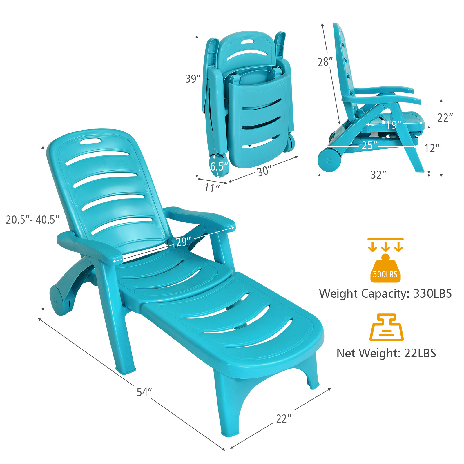   5 position adjustable chaise lounge portable folding outdoor recliner chair with weather resistant frame wheels for poolside yard beach turquoise