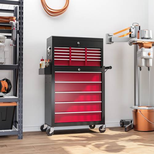 14 drawer rolling tool chest lockable tool storage cabinet with detachable top toolbox protective liner pegboard and side rack for warehouse garage workshop red