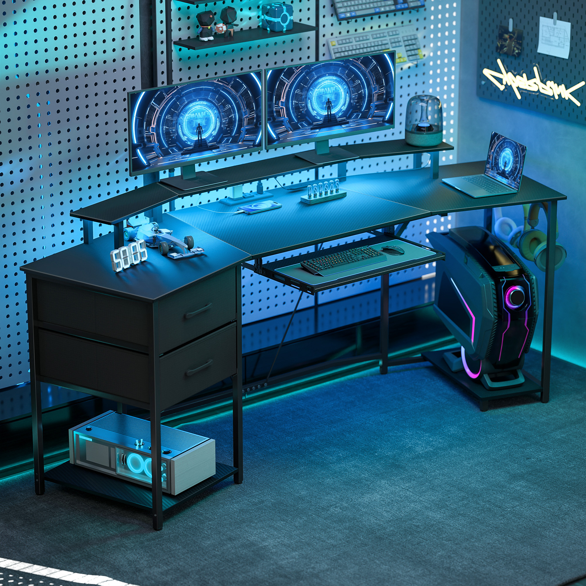 TEMU Bureau de jeu 79 pouces, Bureau d'ordinateur industriel avec lumières RGB, Table d'ordinateur avec prises de et ports USB, Support d'écran,