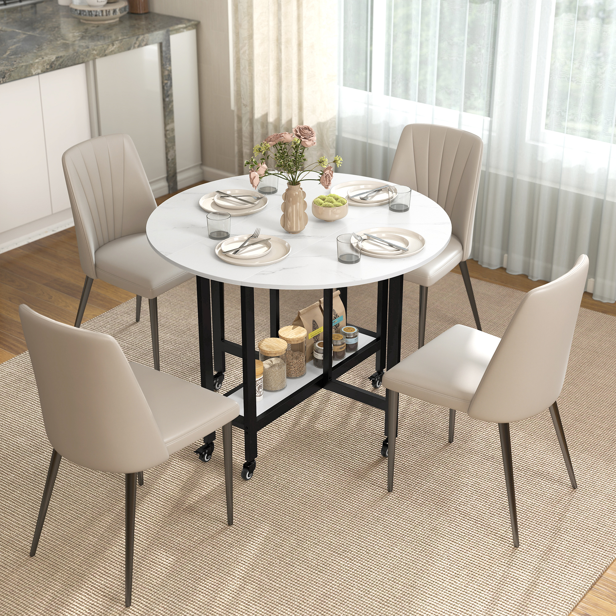 TEMU Table à manger pliante, table à rabat relevable sur roulettes avec étagère ouverte pour salle à manger, salon, , marbre blanc