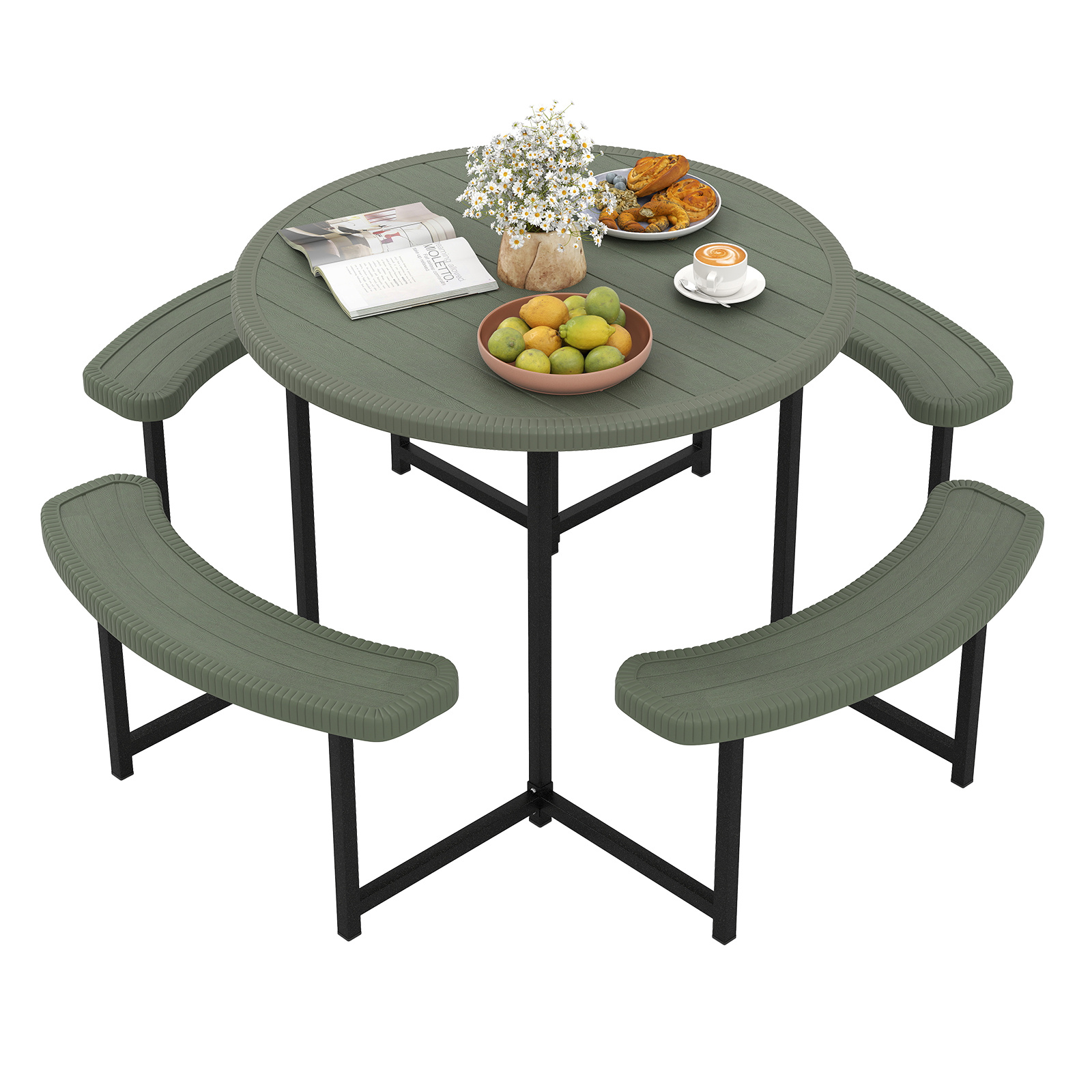 TEMU COSTWAY Ensemble Table de - 8 Personnes, de 37" avec 4 Banches, Trous pour Parapluie, Plateau en HDPE, Cadre en Métal, Ensemble Table de Camping
