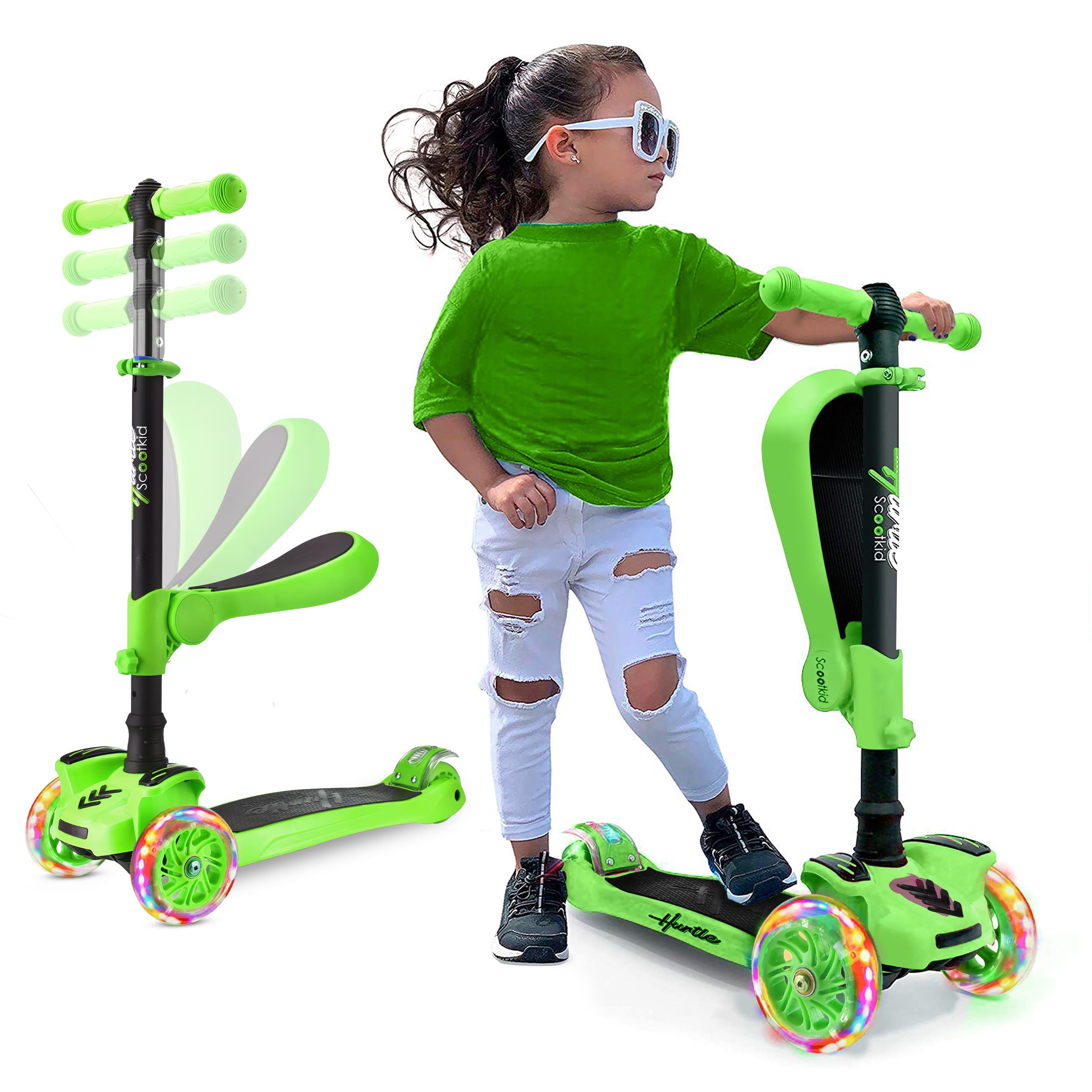 TEMU Trotyette 3 Roues pour Enfants, , Lumières LED sur Roues, Réglable à Inclinaison, Siège Pliable, Conduite Assise ou Debout avec Frein pour