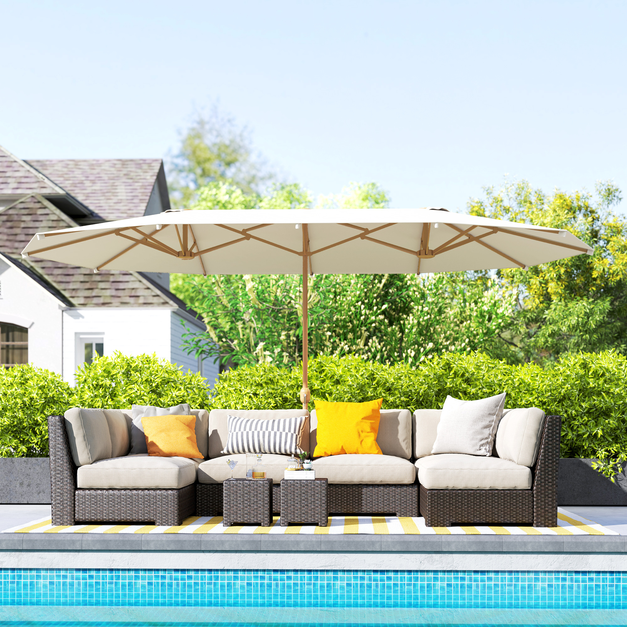 TEMU Parasol de terrasse 15 pieds double auvent , parasol de marché rectangulaire extra large UPF30+ avec , 12 baleines en acier pour extérieur,