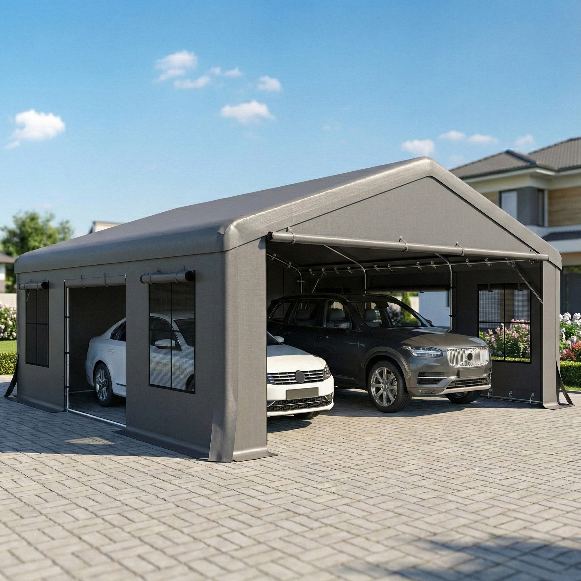   20 x 20 heavy duty carport portable garage car canopy tent shelter with 3 roll up doors 4 windows reinforced galvanized   cables for car truck dark grey