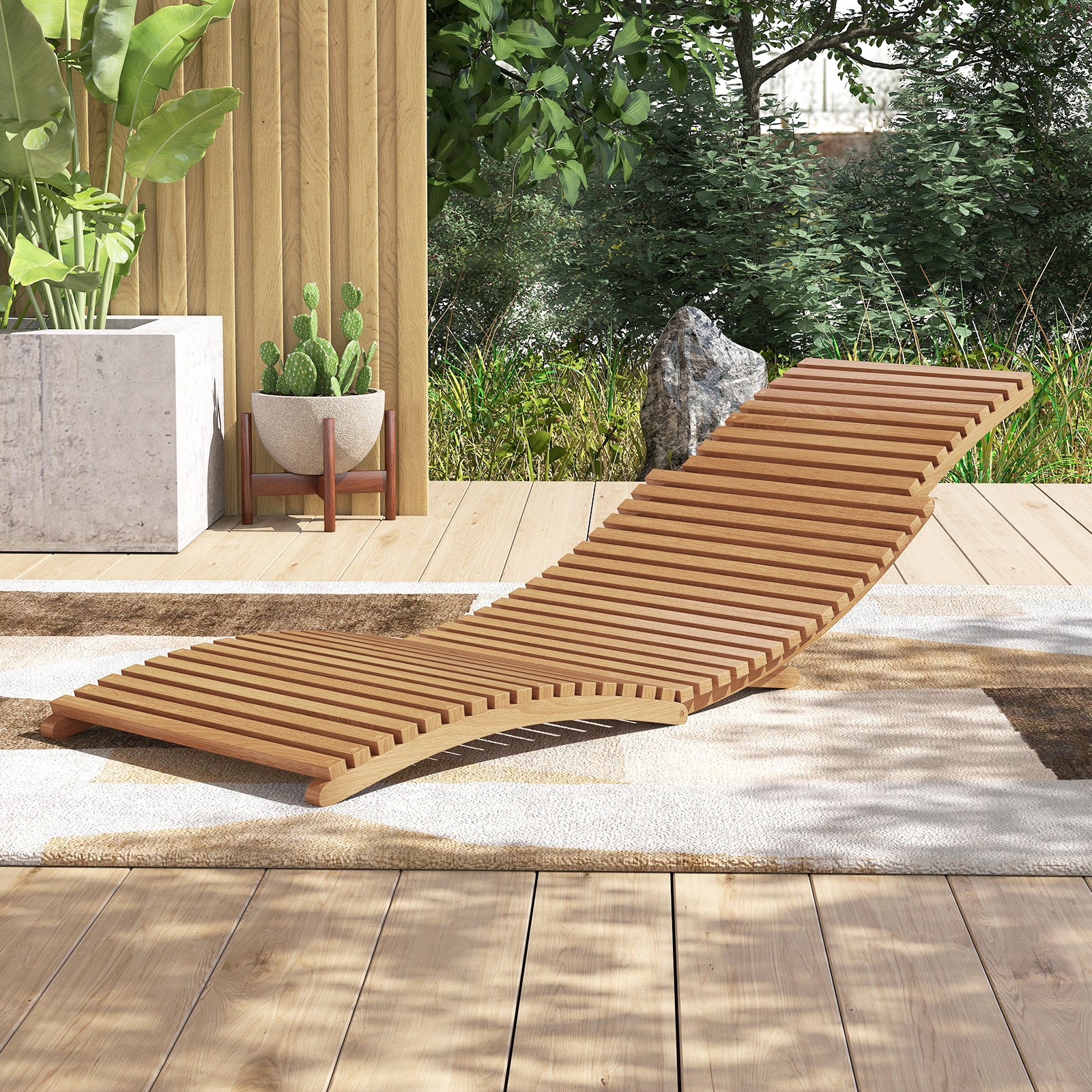   patio folding chaise lounge teak wood pool chair with slatted seat outdoor portable low profile sun lounger for poolside backyard porch beach