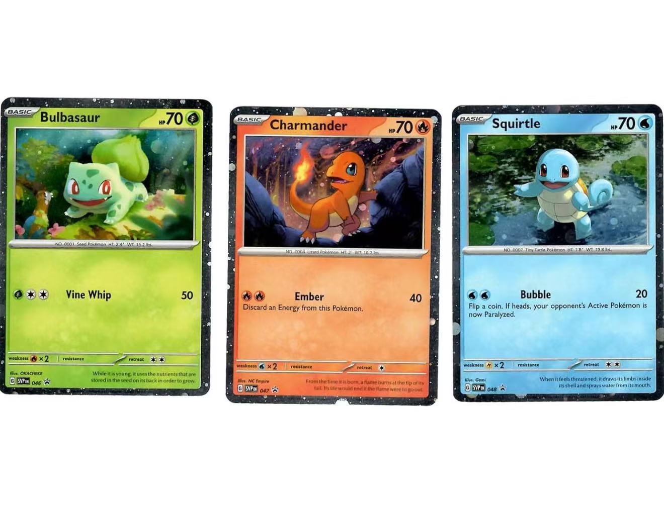 Bulbasaur Charmander Squirtle- Pokemon Black star Promo 3 Card Lot- Pokemon 151-SVP 046 047 048- Holo Foil