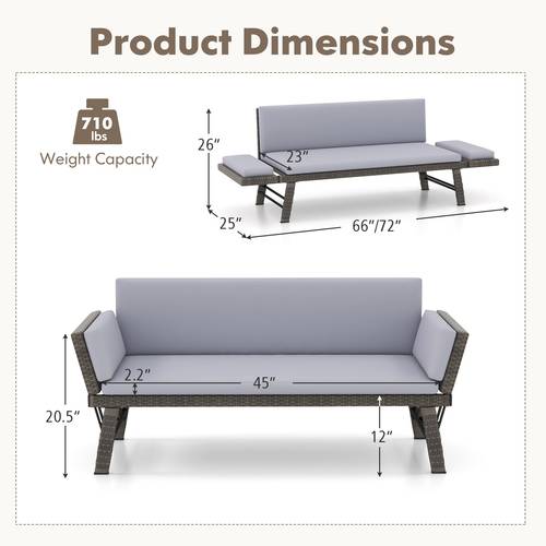 outdoor convertible sofa daybed with adjustable armrests pe rattan patio couch furniture with removable cushions patio chaise lounge loveseat for porch balcony backyard poolside