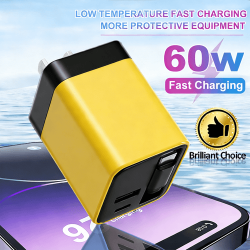 60w retractable usb wall charger super fast charging travel adapter intelligent compatible for phones laptops portable 60w retractable fast charger travel friendly universal compatible for smartphones tablets for iphone 17 16 15 14 13 12 11