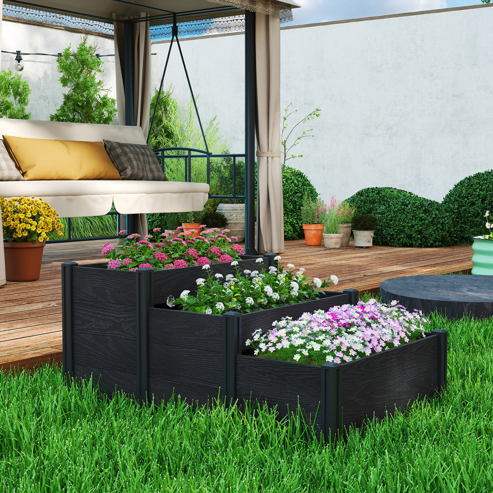 TEMU Kit de Jardinière surélevée en Vinyle, Bac de Jardin surélevé à 3 Niveaux avec Fond Ouvert, Bac à Fleurs surélevé d'Extérieur pour Fleurs,