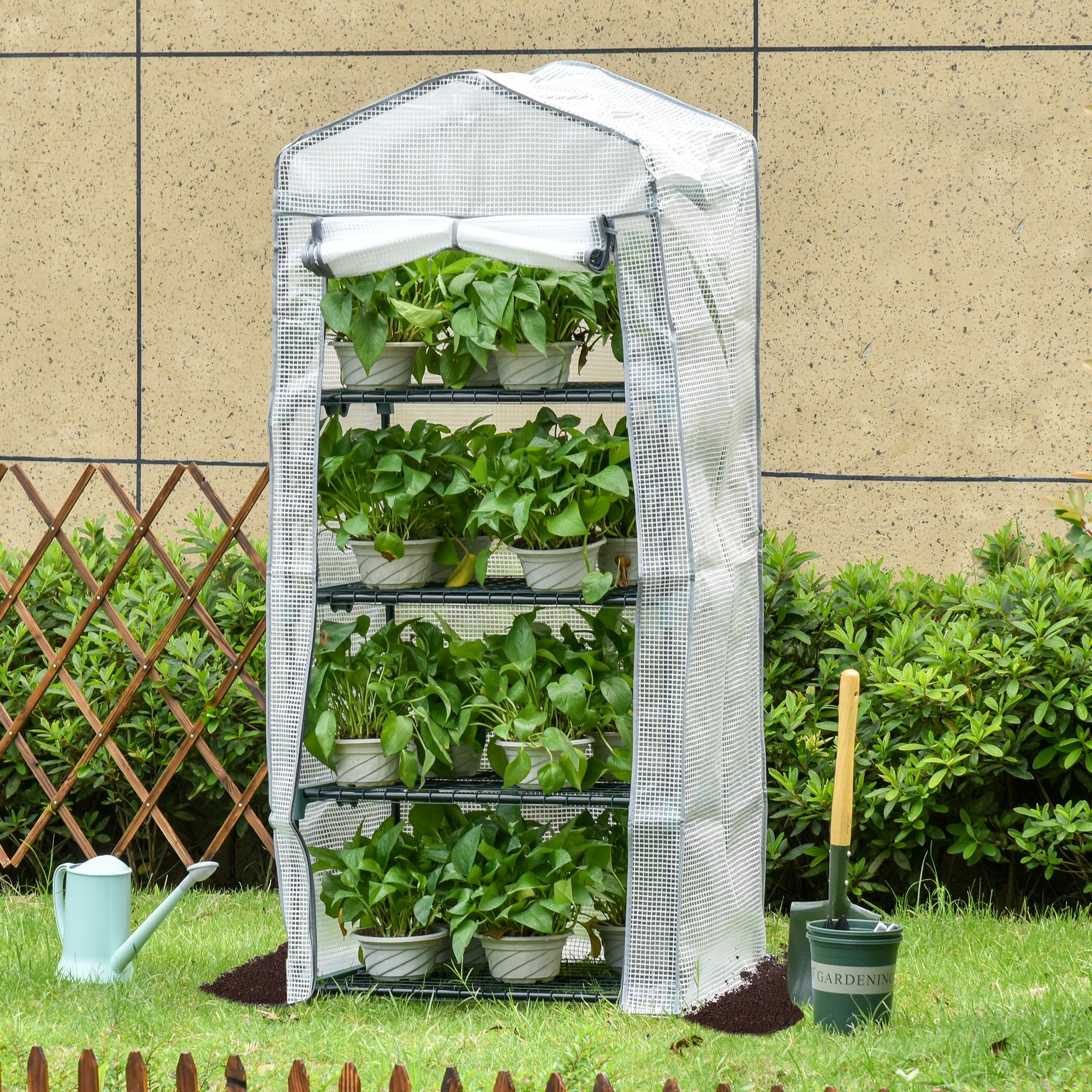 TEMU Serre Portable 28" x 20" " avec 4 Étagères, Maison Chaude Extérieure pour Plantes et Fleurs, Cadre en Acier, Bâche PE, Blanc