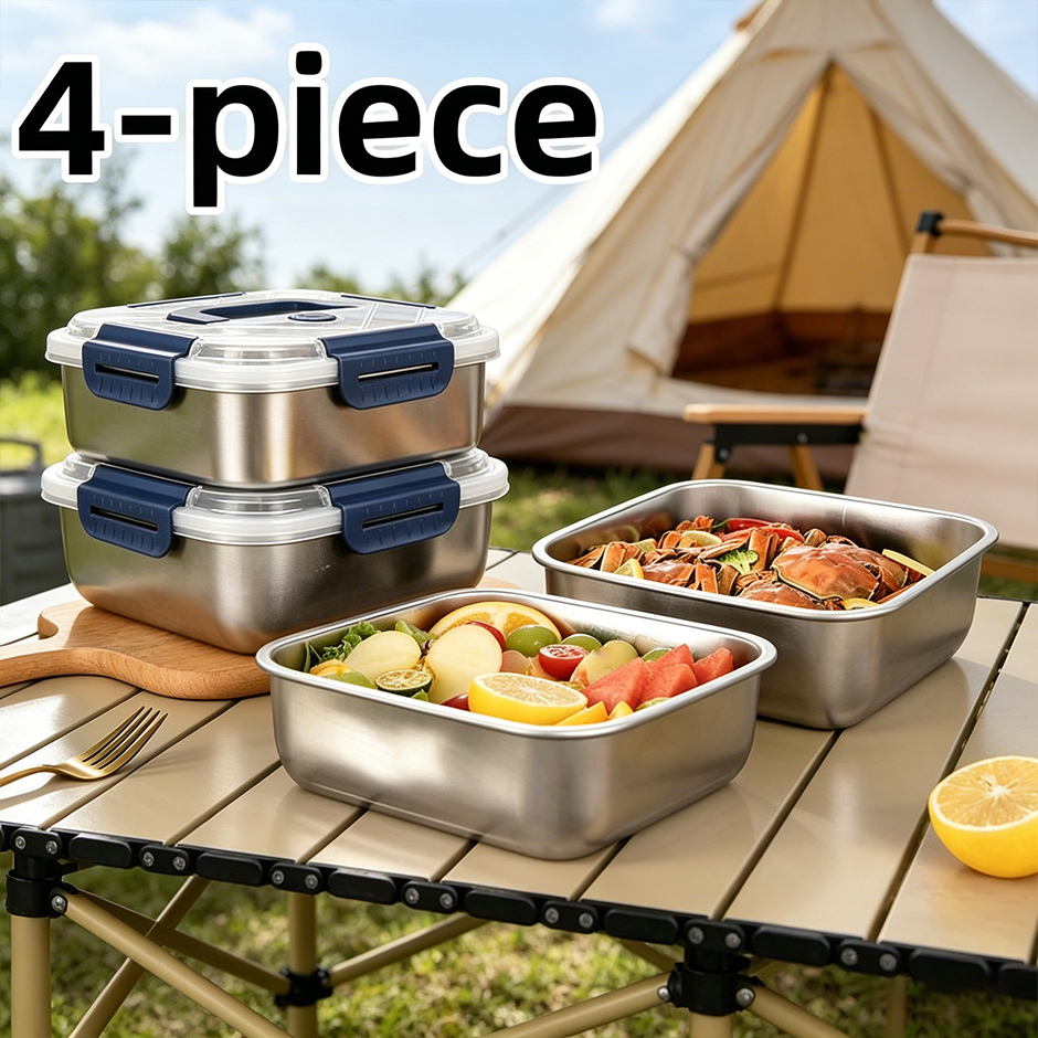TEMU 4pcs Stainless Steel Food Storage Containers With Blue Handles, Airtight Design, Reusable Lunch Box, Oven Freezer & Dishwasher Safe, Ideal For