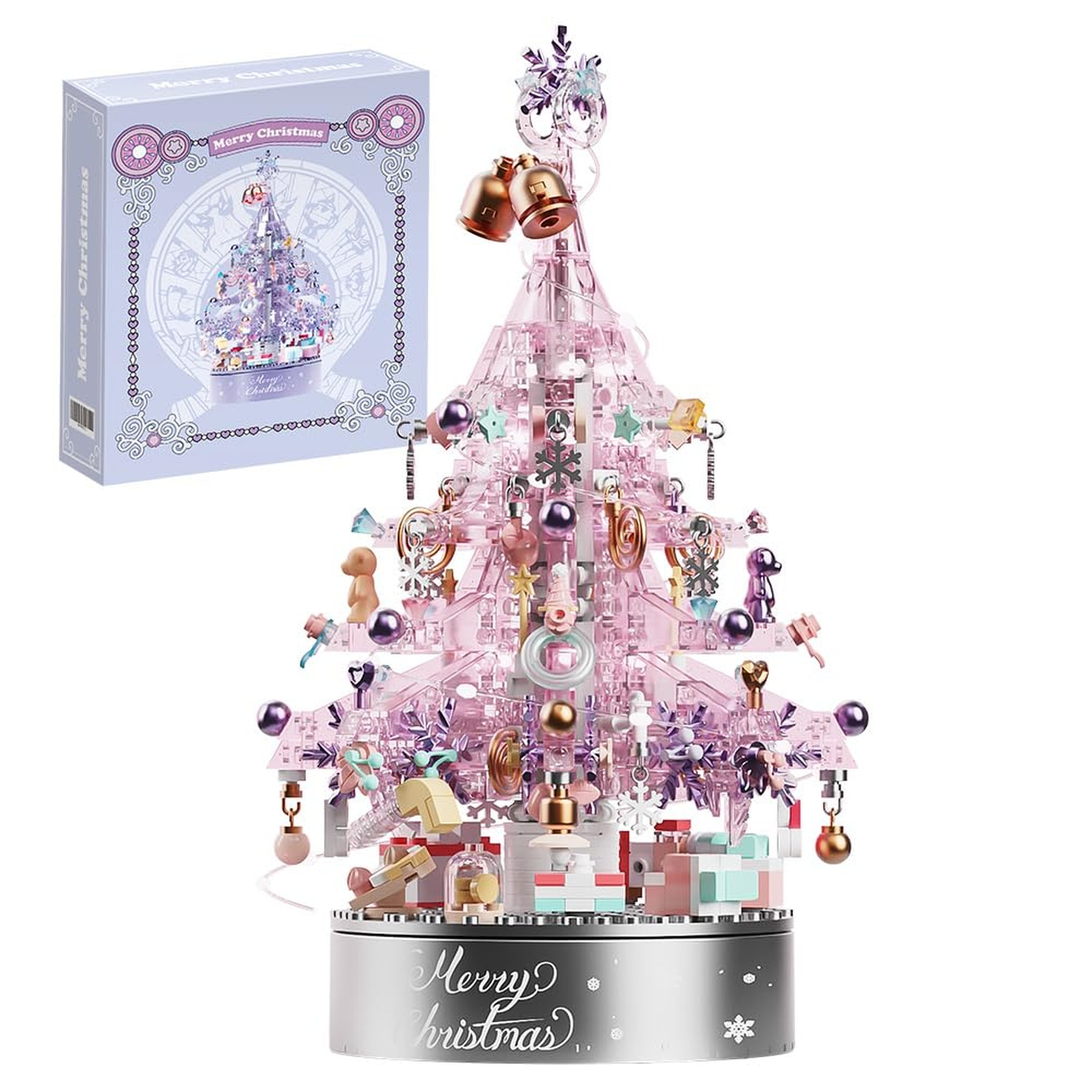 TEMU Kit de construction de sapin de Noël, 730 pièces, boîte à musique, rose, à poser sur un bureau