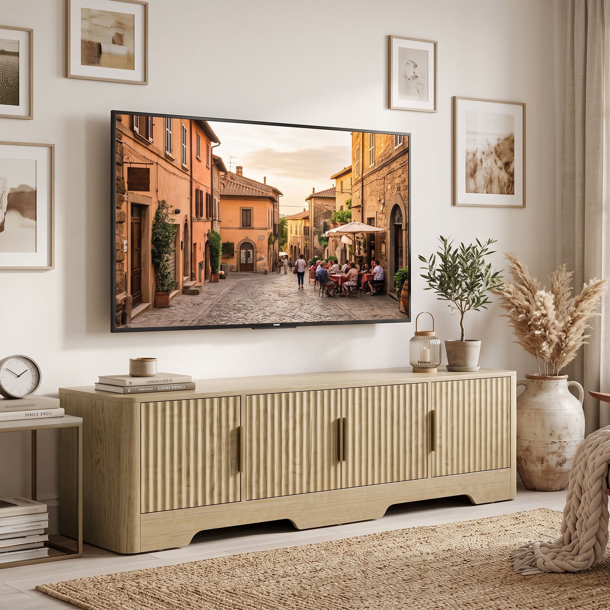 TEMU Meuble TV pour téléviseurs jusqu'à 60 pouces, centre de moderne avec portes cannelées, console multimédia avec 3 tiroirs, étagère réglable et